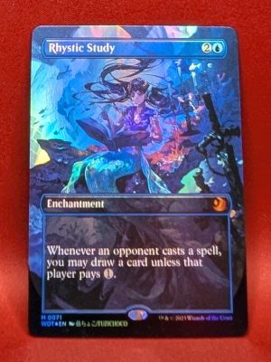 FOIL Rhystic Study (Anime Borderless) from Wilds of Eldraine: Enchanting Tales Magic the Gathering Proxy