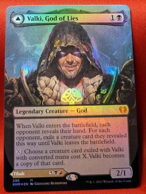 FOIL Valki, God of Lies (Borderless) / Tibalt, Cosmic Impostor from Kaldheim MTG Proxy